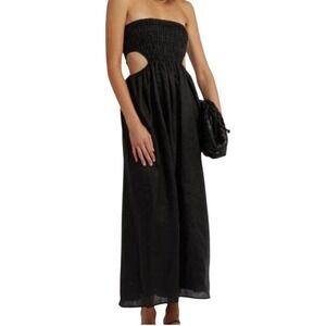 DISSH Dress Size 8 Black Nell Linen Smocked Strapless Cut Out Midi Minimalist